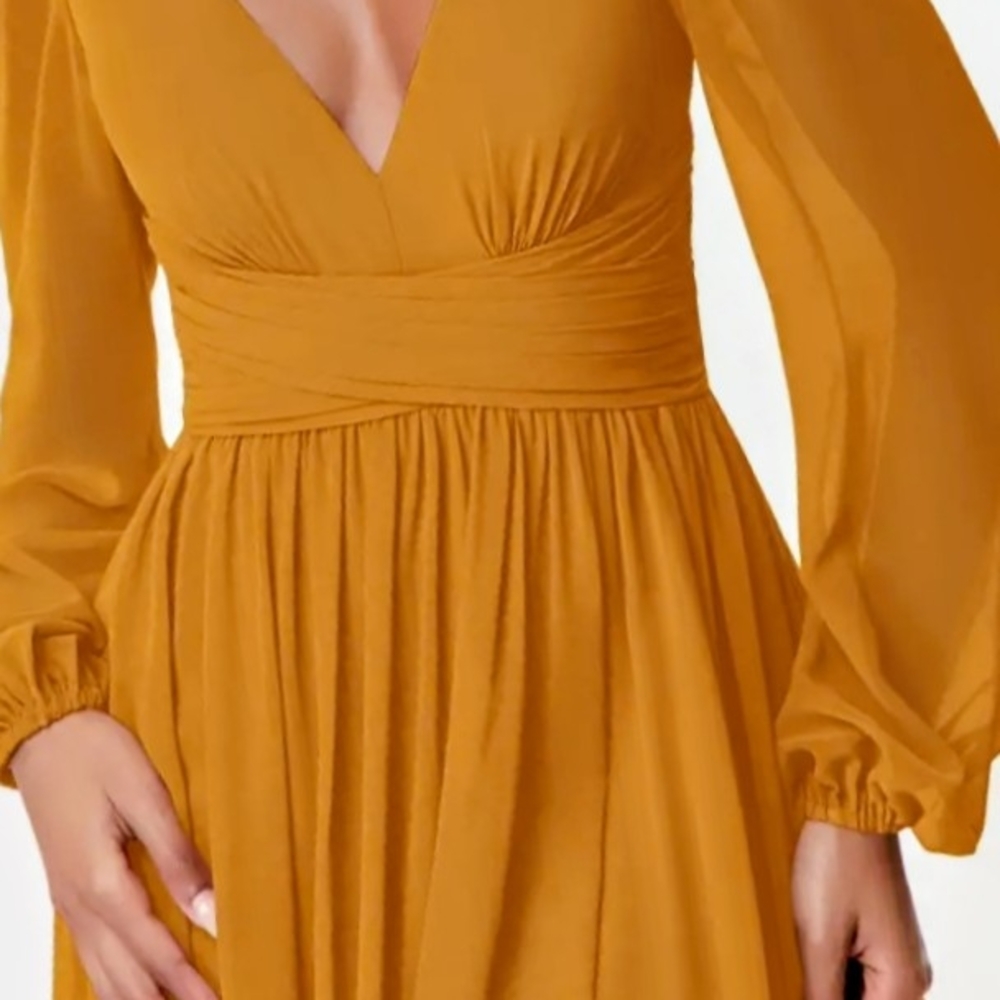 Golden Long Sleeve Chiffon Dress